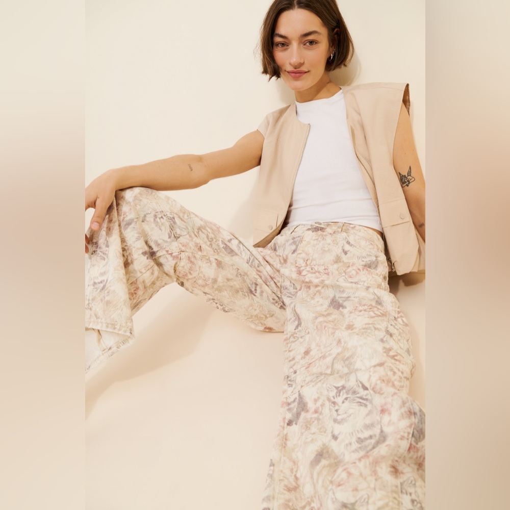 Free People Good Luck Barrel Jeans Bow Leg Baggy Cat Kitten AOP All Over Print